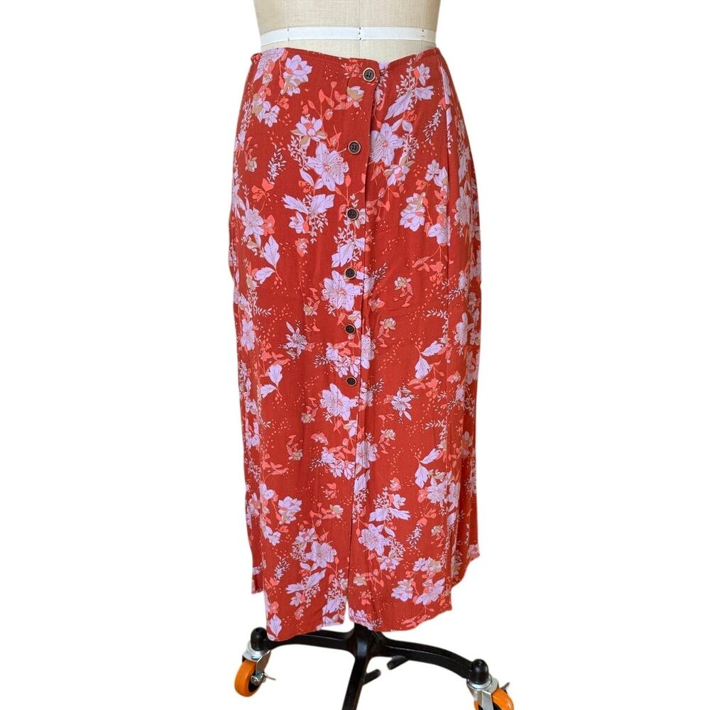 Free People A-Line Midi Skirt in Red Purple Floral Boho Print Size 2
